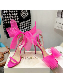 Jimmy Choo Suede High Heel Sandals 10cm with Large Mesh Bow Hot Pink 2022