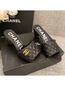 Chanel Quilted Lambskin Heel Slide Sandals 6cm G38820 Black 2022