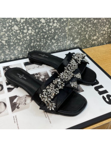 Louis Vuitton Diva Satin Crystal Bow Flat Slide Sandals Black 2022