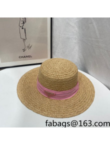 Prada Straw Wide Brim Hat Khaki/Pink 2022 0401128
