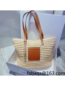 Loewe Medium Straw and Leather Basket Shoulder Bag Beige/Brown 2022 033104