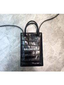 Balenciaga shopping phone pouch shoulder bag in crocodile pattern black