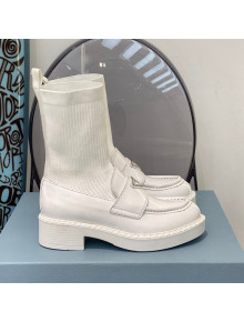 Prada Brush Leather Knit Ankle Boots White 2021 112387