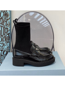 Prada Brush Leather Knit Ankle Boots Black 2021 112386