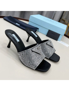 Prada Crystal Heel Slide Sandals 6cm Silver/Black 2022 73