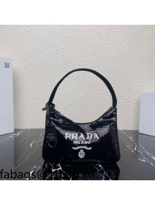 Prada Re-Edition 2000 Sequins Mini Hobo Bag 1NE515 Black 2022