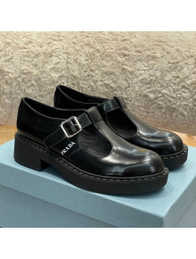 Prada Brushed-Leather Mary Jane T-strap Shoes/Loafers Black 2022