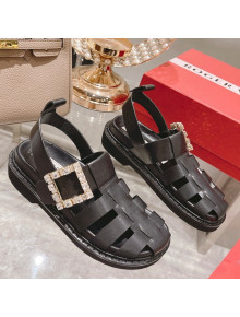 Roger Vivier Rangers Calf Leather and Fabric Strap Sandals Black/Crystal 2022