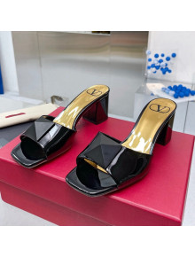 Valentino One Stud Patent Leather Medium Heel Slide Sandals 6cm Black 2022 05