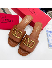 Valentino VLogo Calf Leather Flat Slide Sandals Brown 2022 0323147