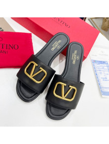 Valentino VLogo Calf Leather Flat Slide Sandals Black 2022 0323148