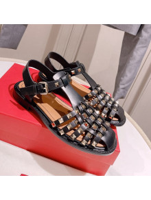 Valentino Rockstud Woven Calf Leather Flat Sandals Black 2022 0323153