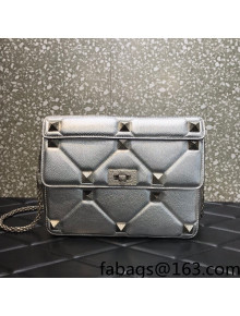 Valentino Large Roman Stud The Shoulder Bag in Metallic Grainy Leather 1129L Silver 2022