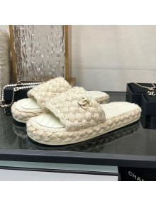 Chanel Cord Braided Flat Slide Sandals White 2022 030763
