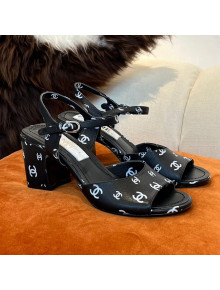 Chanel CC Allover Printed Lambskin Medium Heel Sandals 6.5cm G38974 Black 2022