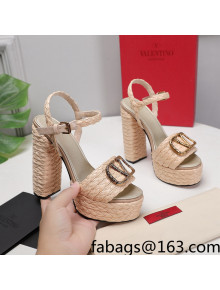 Valentino VLogo Straw High Heel Flatform Sandals 13cm Beige 2022 032845