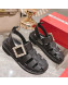 Roger Vivier Rangers Calf Leather and Fabric Strap Sandals Black/Crystal 2022