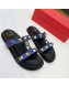 Valentino Roman Stud Calf Leather Flat Slide Sandals Blue 2022 0323143